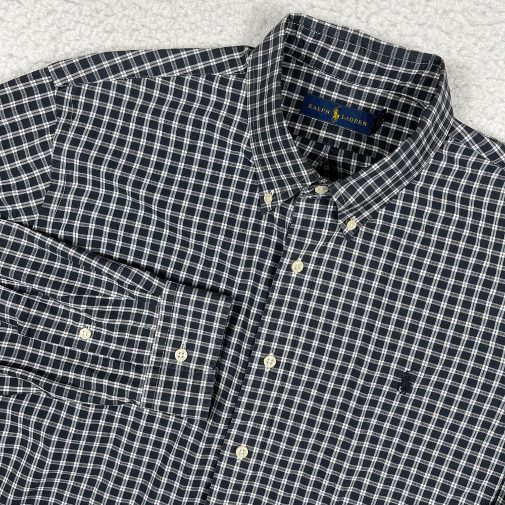 Ralph Lauren Button Down Shirt Mens XL Navy Blue Check Long Sleeve Preppy